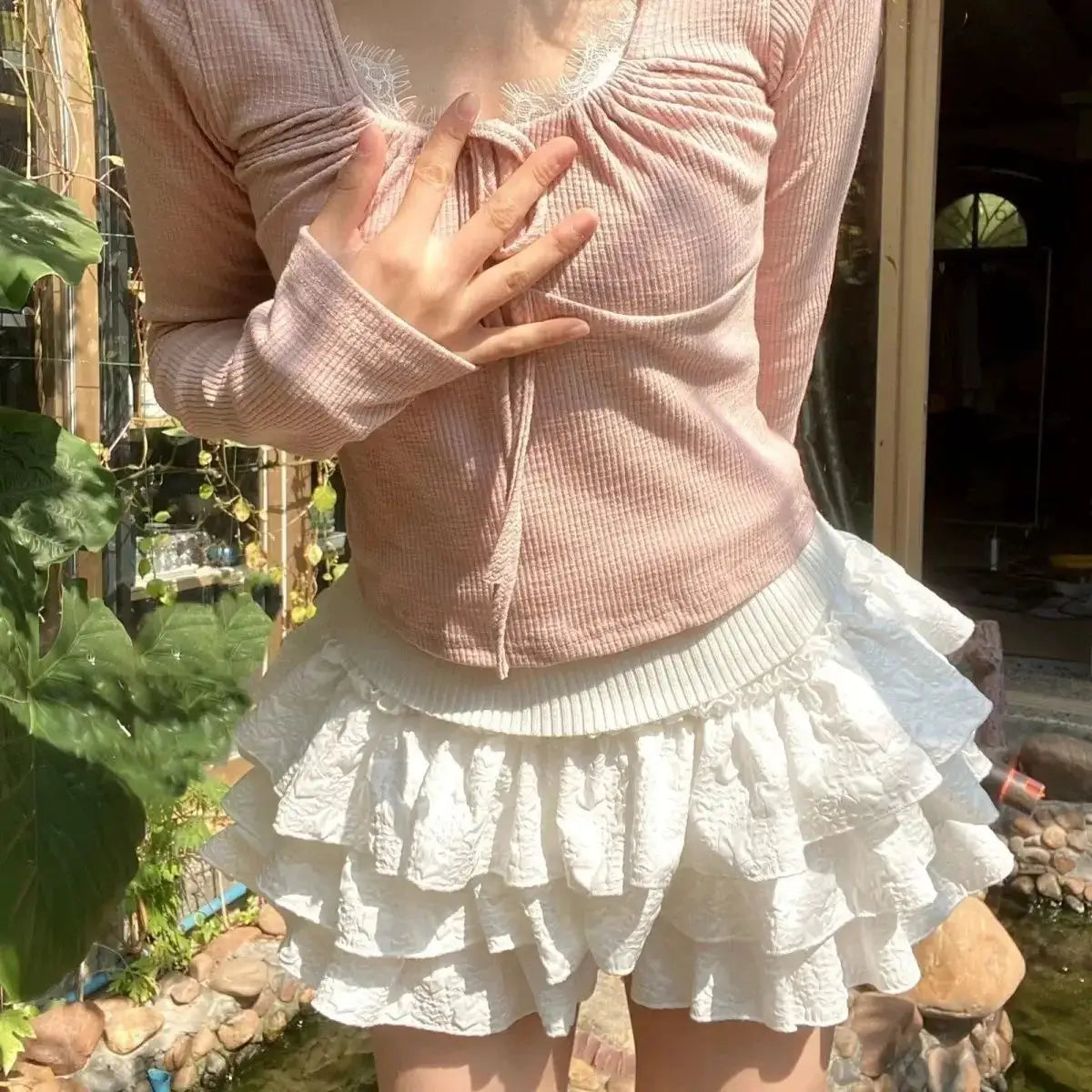 Kawaii layered white ruffle mini skirt with tiered hems, high-waist Lolita style