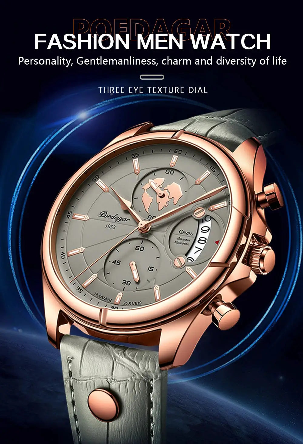 POEDAGAR men's wristwatch with rose gold-tone case, grey dial, chronograph, date, and grey leather strap.