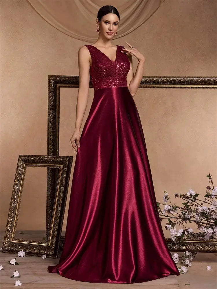 Emerald Green Sequin Evening Dress V Neck Satin Prom Floor Length