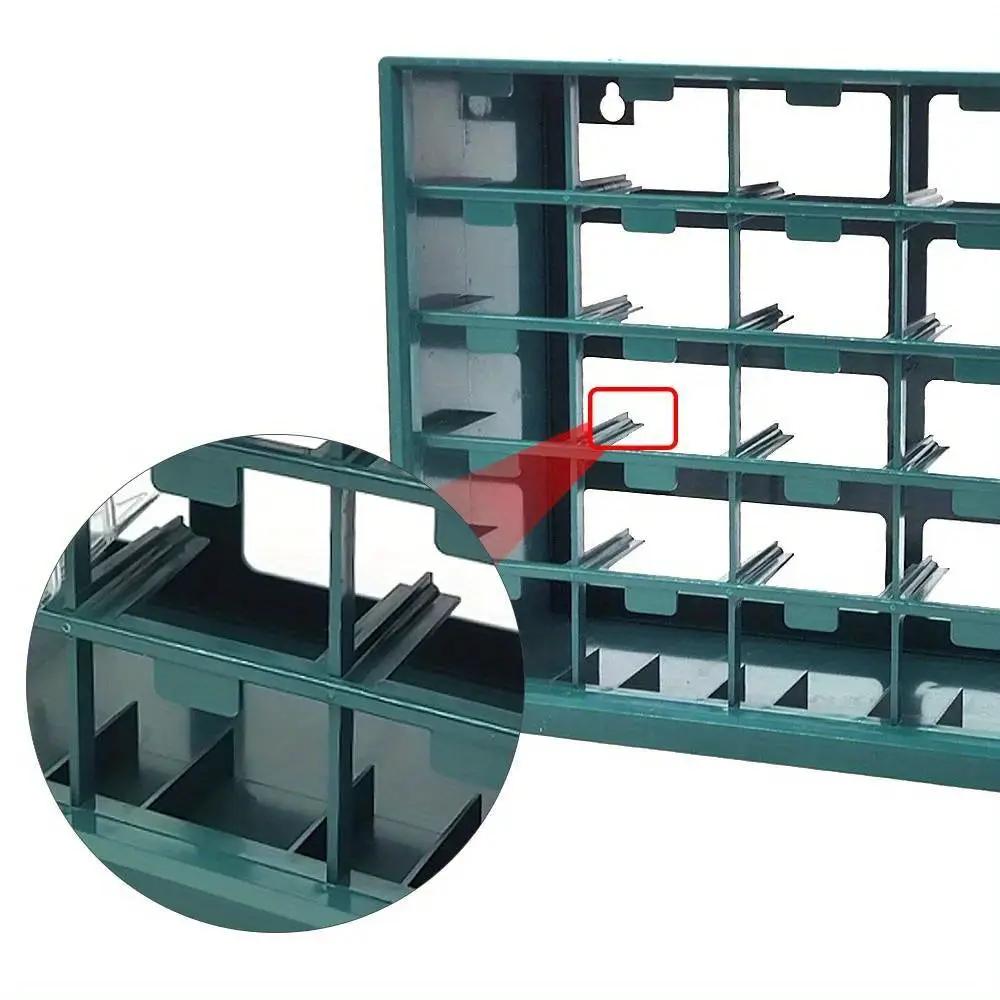 Simples Market 25-grid wall-mounted drawer box, green plastic case with small compartments for screws and components.