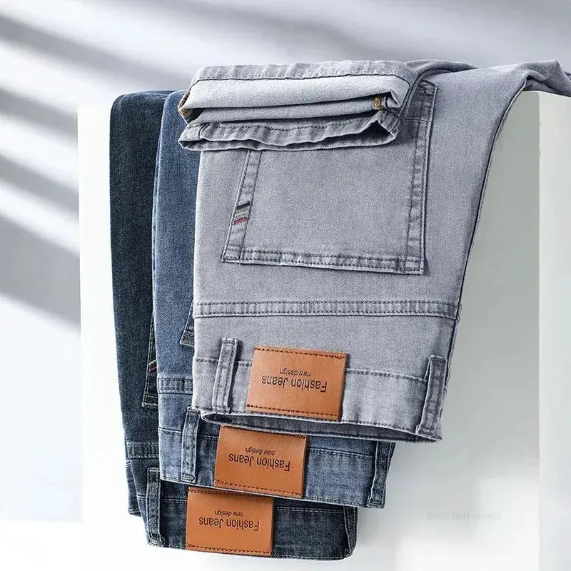 Men's stretch cotton denim jeans, gray to blue shades, 4 pairs stacked, casual straight-fit