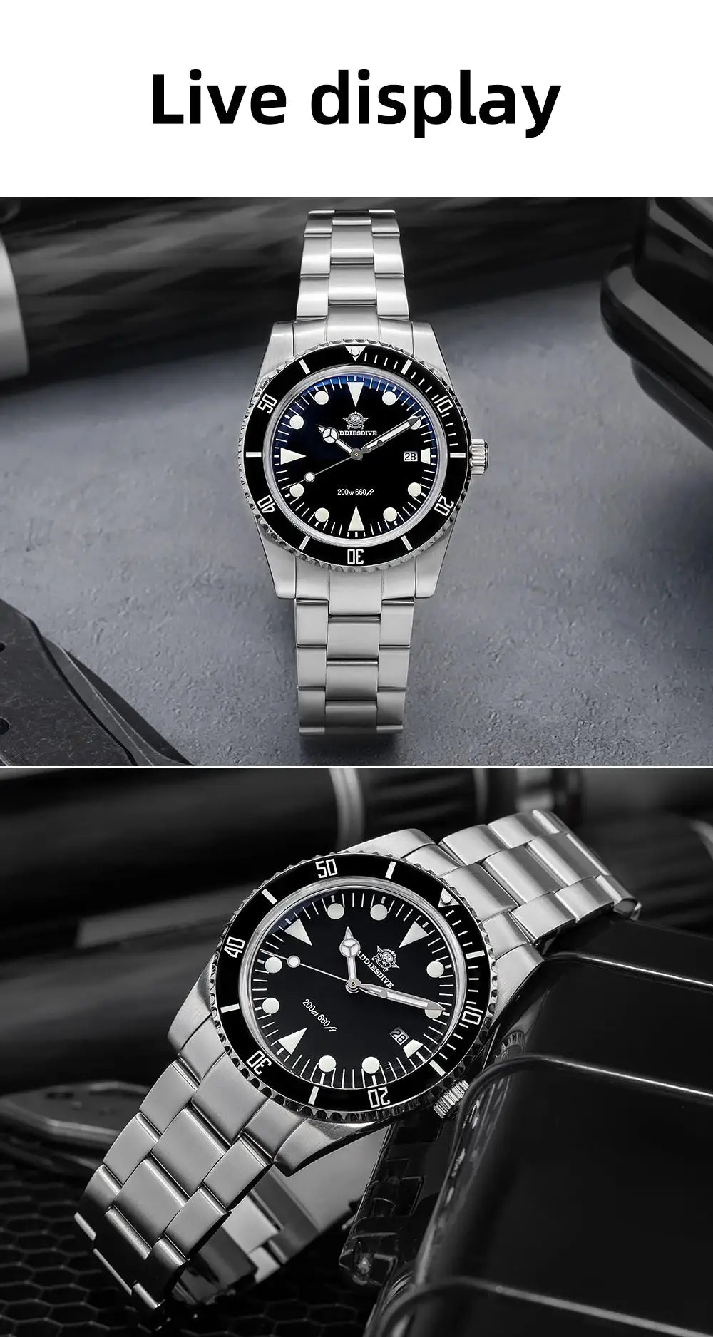 ADDIESDIVE luxury men's analog dive watch with black dial, stainless steel bracelet, ceramic bezel, luminous markers