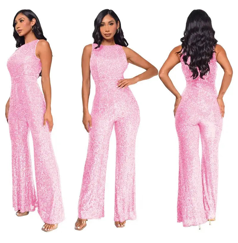 3 views of a pink sequin jumpsuit for women, sleeveless, high-waist, wide-leg fit, Simples Market