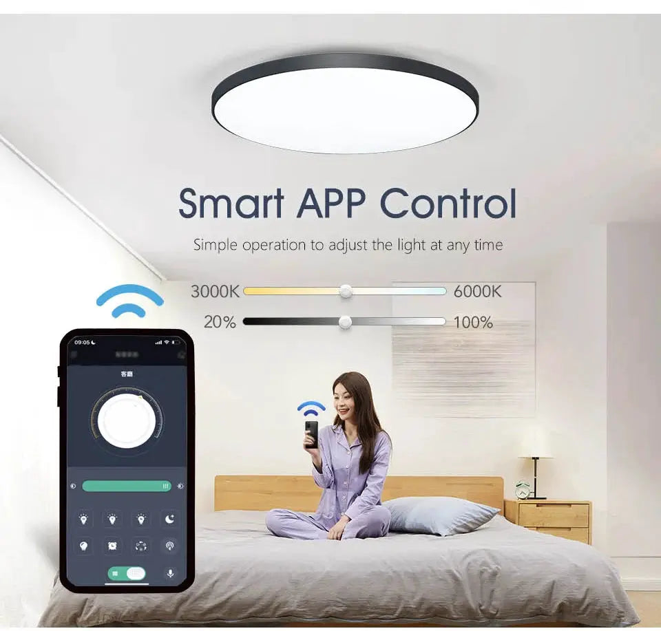 MARPOU smart ceiling lamp with remote and app control, dimmable 3000-6000K for bedroom.