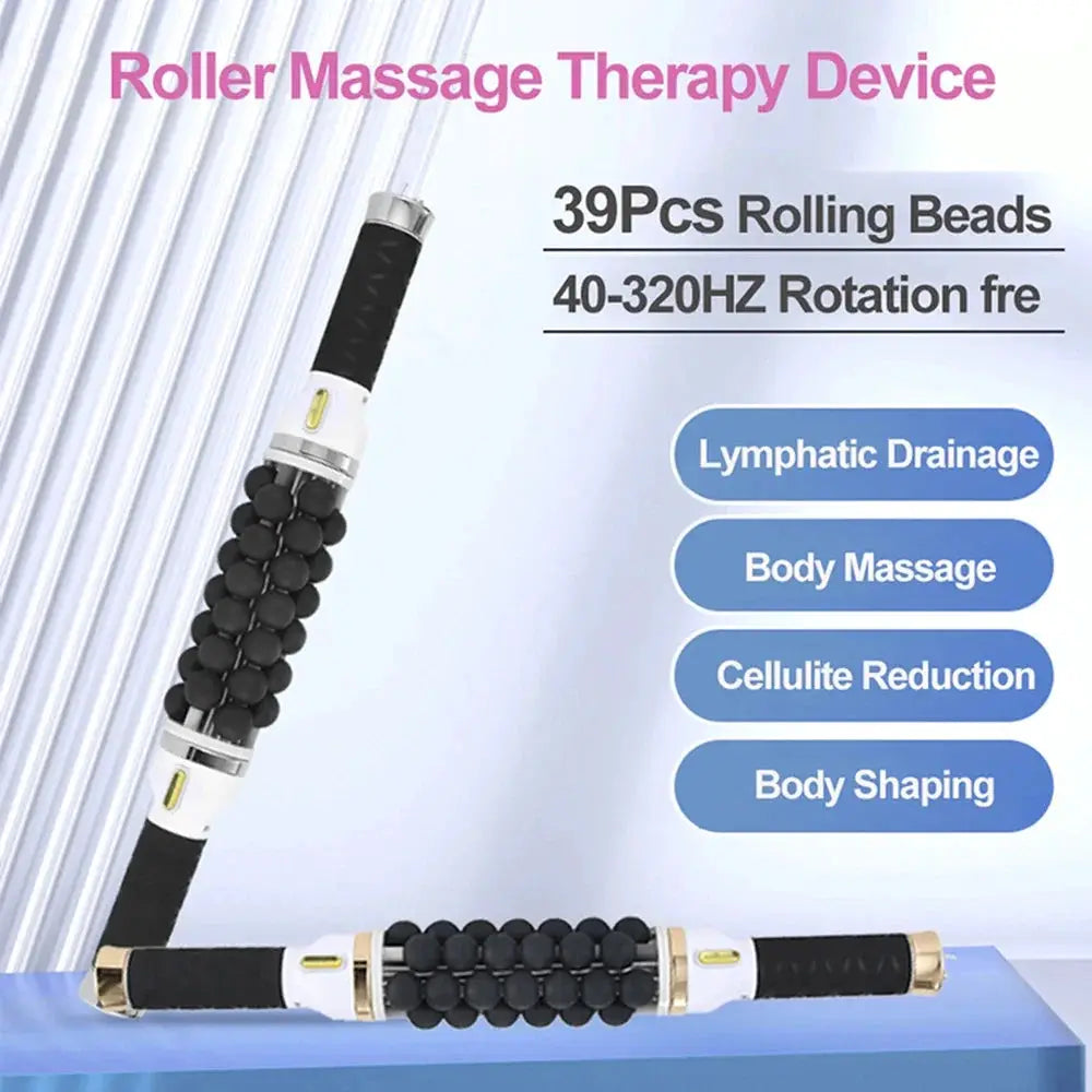 White handheld 40W rolling bead massager with black beads and gold trim for lymphatic drainage, body massage, cellulite reduction