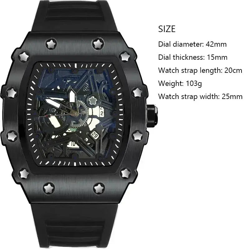 Mens Luxury Quartz Watch With Pentagram Luminous Dial And Wine Barrel Shaped Case Durable Silicone Strap