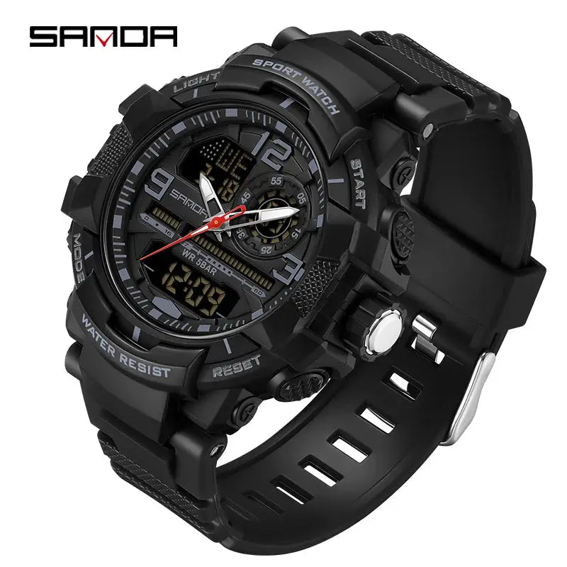 SAMOA SANDA 6130 dual-display men's sport watch, black rugged design with LED digital clock, water resistant