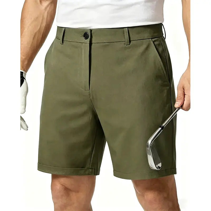 Men's olive green 100% cotton shorts with belt loops and zip fly