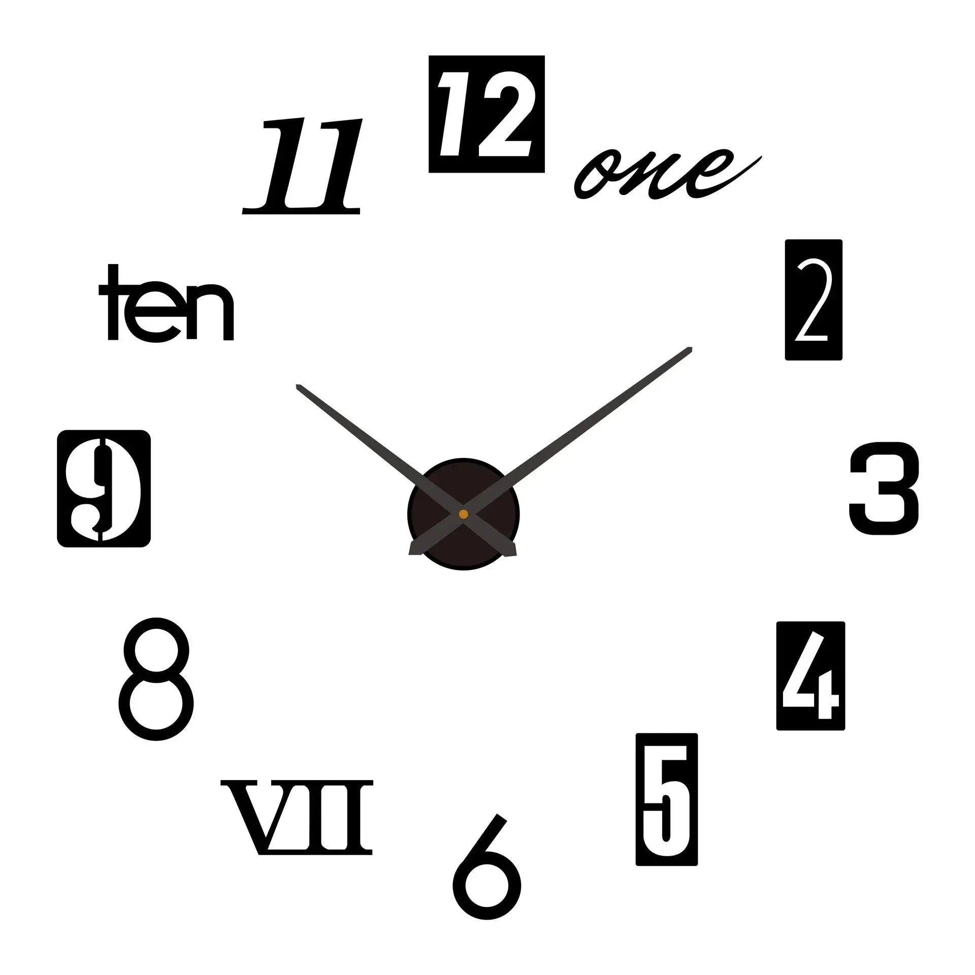 Large wall clock with acrylic mirror numeral stickers on a white dial; scattered bold digits and dark hands.