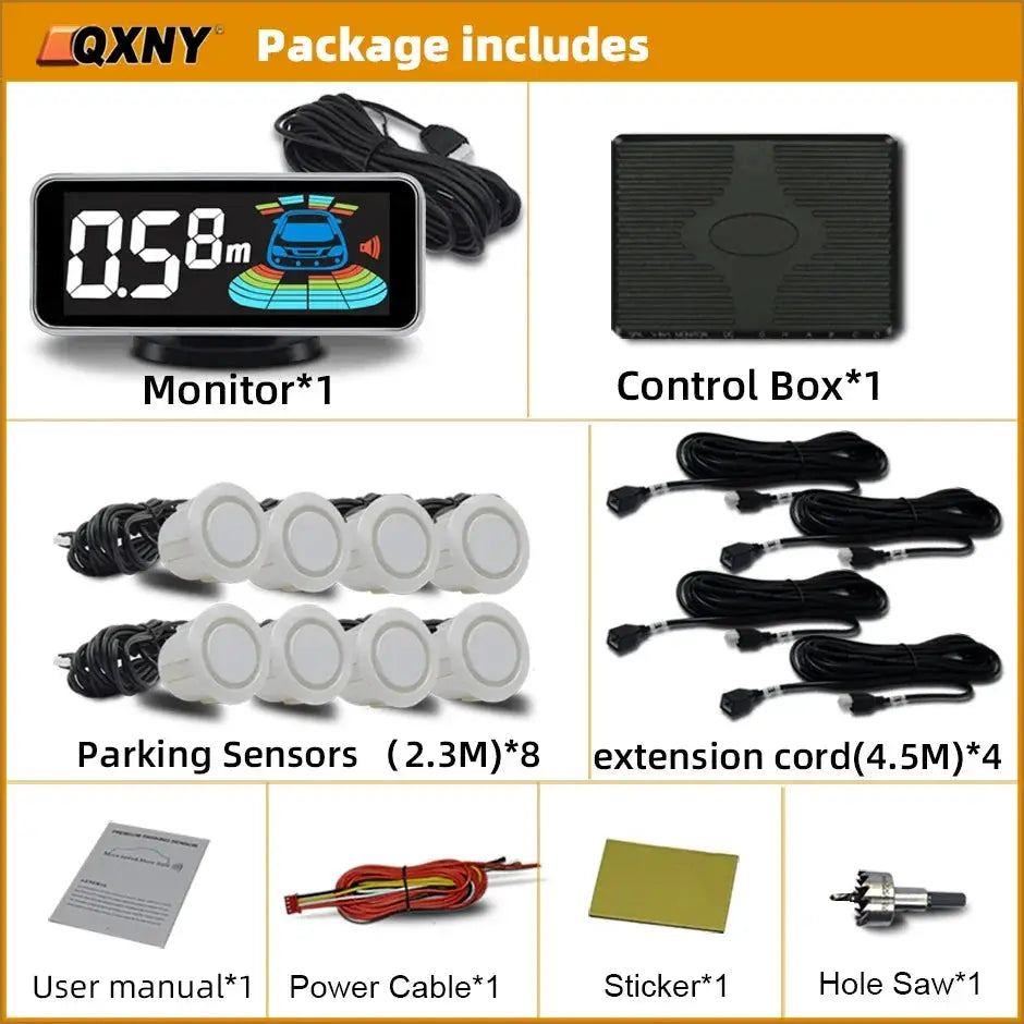QXNY 8-sensor parktronic kit with monitor, control box, cables and manual