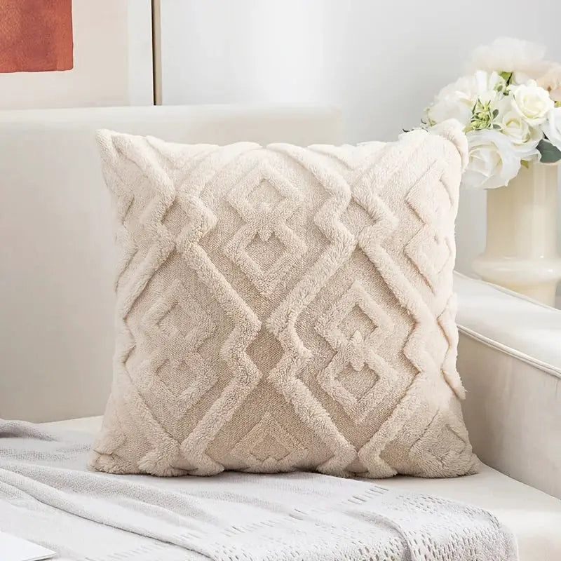 Decorative cushion cover in cream plush with a diamond geometric pattern for sofa or bedroom