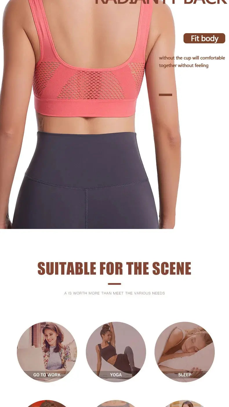 S-7XL Plus-Size Grid Air-Holes sports bra, coral pink mesh-back, wireless, no underwire for yoga or running