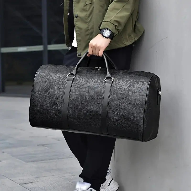 Large-capacity crocodile-textured travel duffel bag by Simples Market in black with top handles