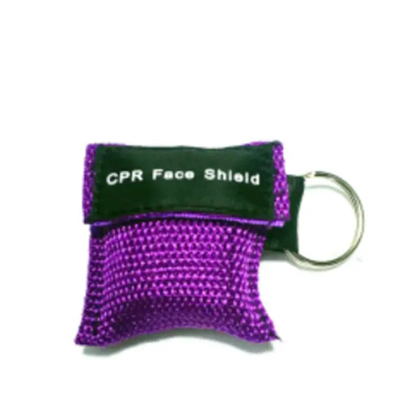 Keychain CPR face shield with purple fabric pouch and black strap, attached to a silver key ring.