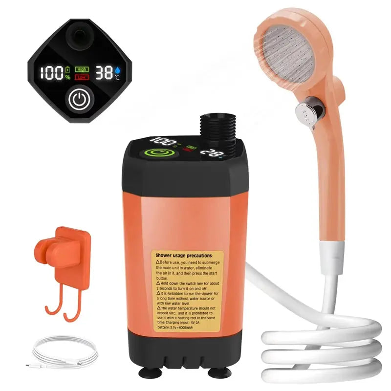 Camping shower pump kit Simples Market with digital display, 6000mAh, orange/black 5-piece shower head and hose