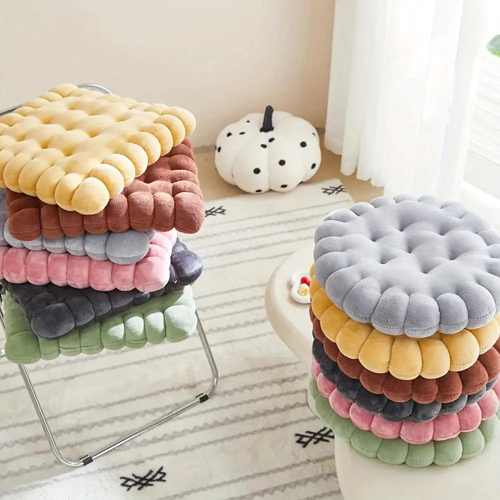 Large biscuit-shaped plush cushion set of soft pastel chair seat pads by Simples Market