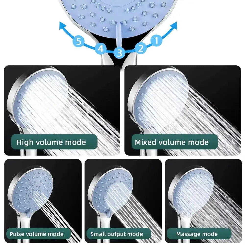 Simples Market blue bathroom hand shower head with 5 spray modes: high volume, mixed, pulse, small output, massage