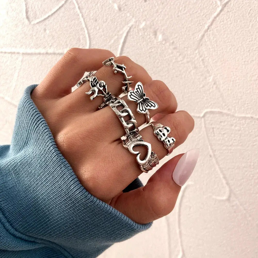 Punk Gothic Skeleton Ring Set Unisex Jewelry Grunge Butterfly Frog Motifs Hip Hop Street Style Ring Gift 2024