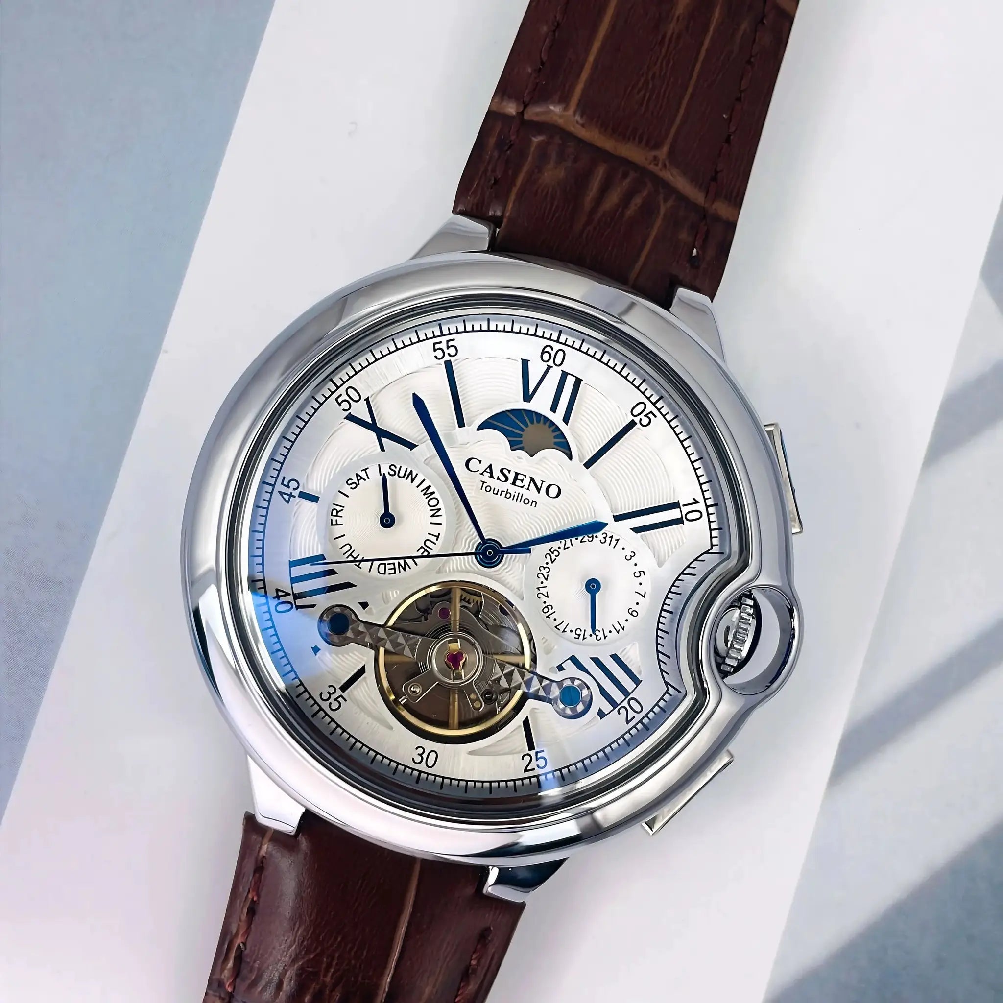 CASENO Star Roman Grand men's fully automatic tourbillon watch with brown leather strap and stainless steel case.