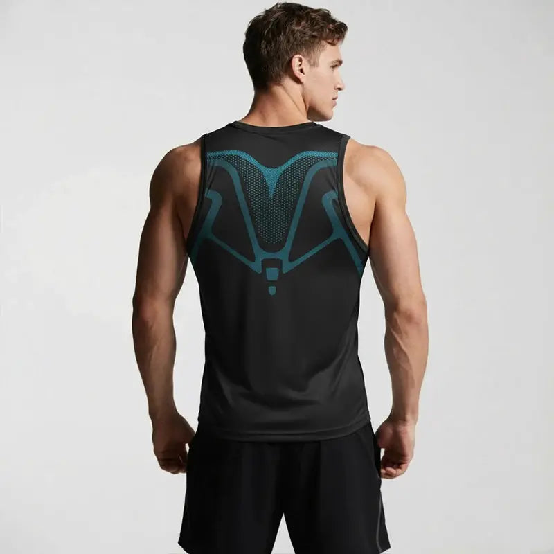 Men's black sports compression vest with teal back design