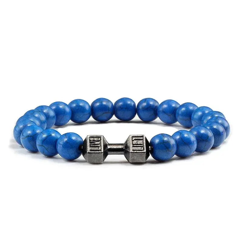 Natural Volcanic Stone Bracelet For Men And Women Matte Black Lava White Beads Dumbbell Charm Strand Fitness Jewelry