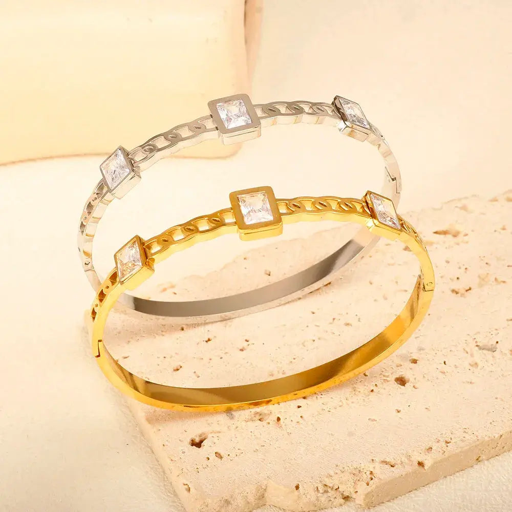 Geometric Stainless Steel Cuff Bracelet For Women With Adjustable Fit And Gold Color Plating