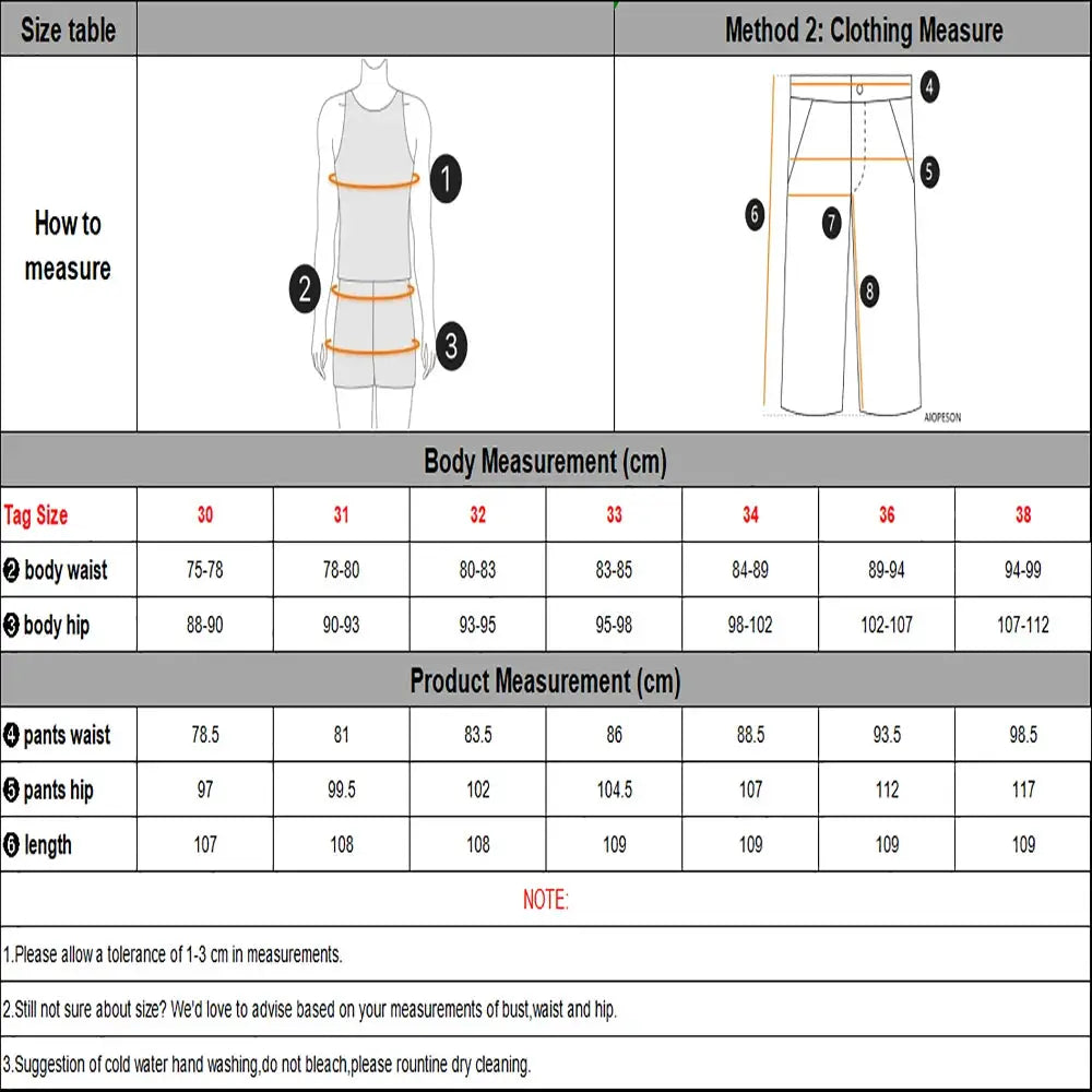 AIOPESON casual cotton men's trousers size chart with body measurements and garment measurements Simples Market