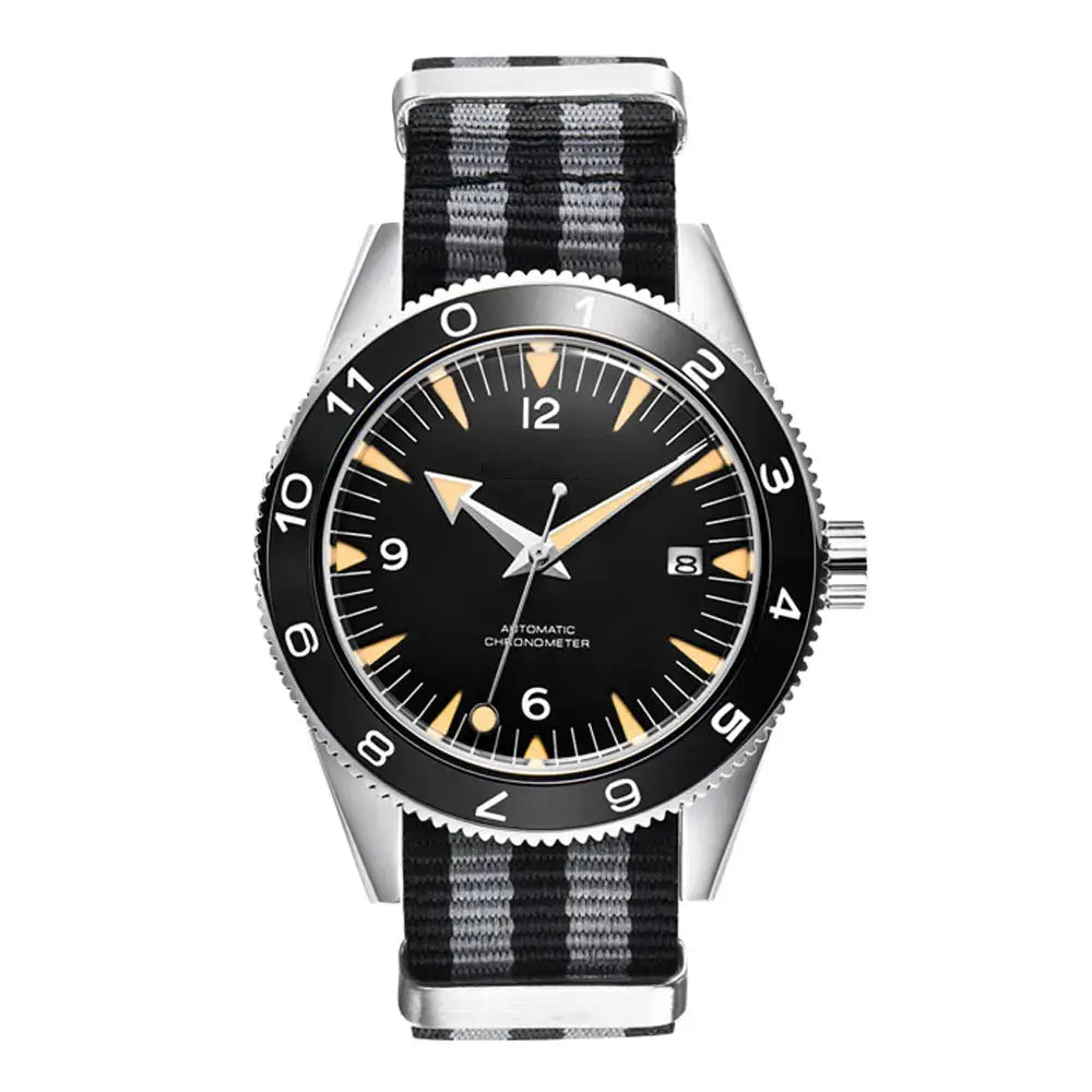 Mens wristwatch with black dial, luminous hands, date window, 41mm case, rotating bezel, striped nylon strap