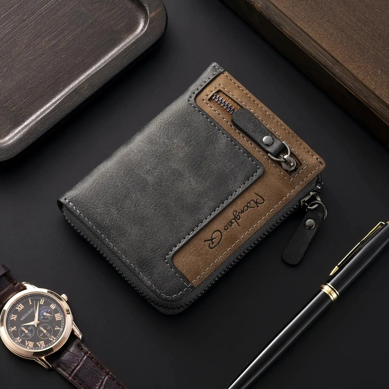 Men's PU leather wallet by Simples Market, black and brown two-tone with zipper pocket