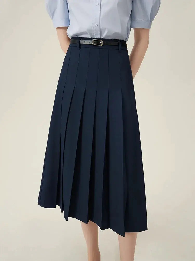 Skirt navy blue pleated long with belt for office wear
