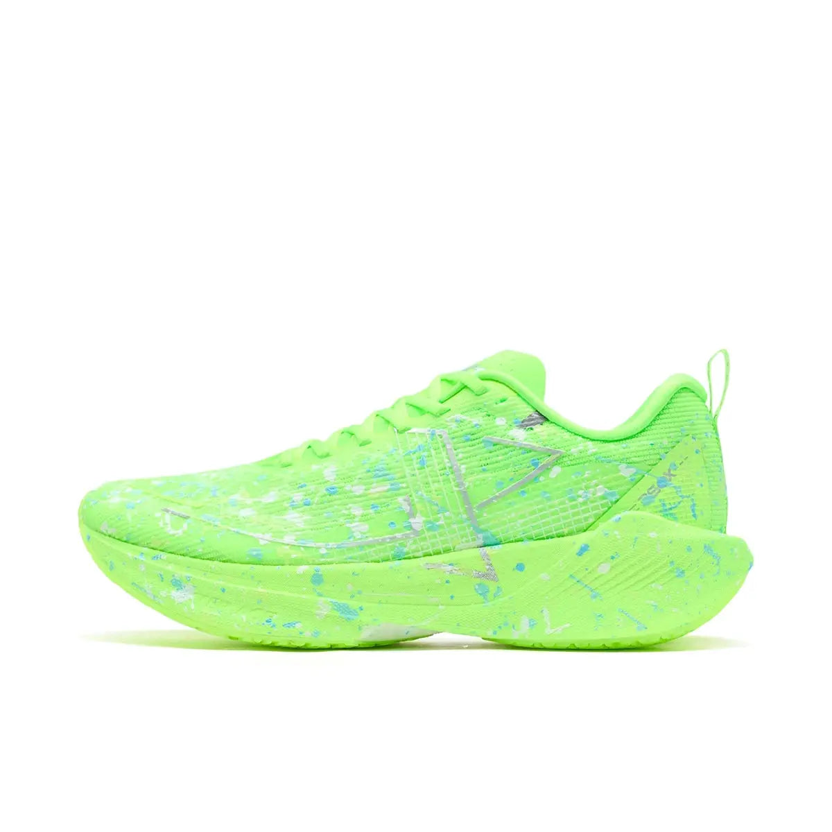 Xtep 360X neon lime men's running shoes with splatter pattern and lightweight sole