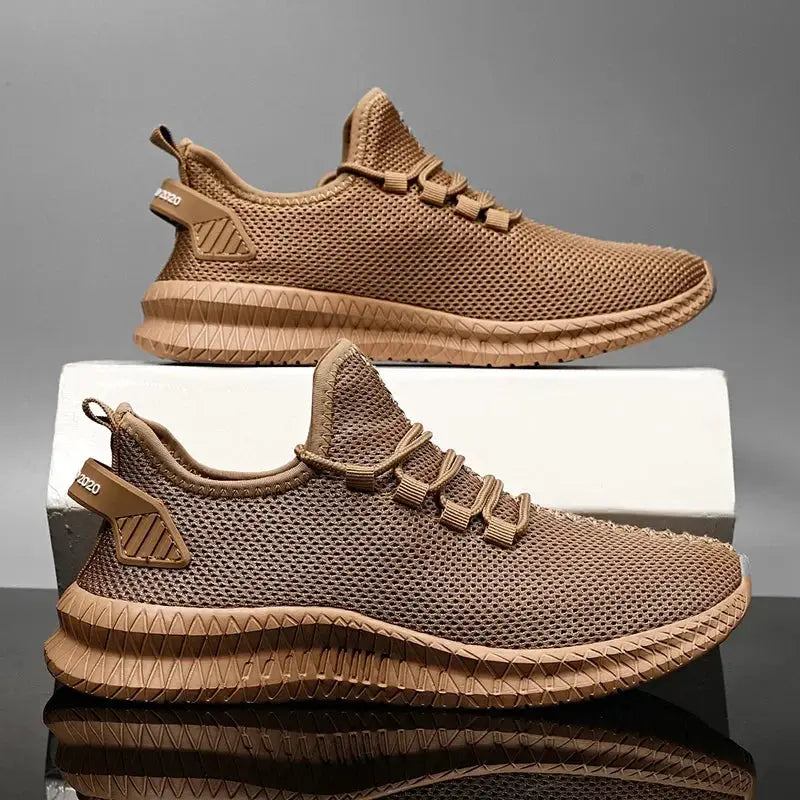 Men's non-slip knit sneakers pair, tan-brown mesh, lace-up, breathable