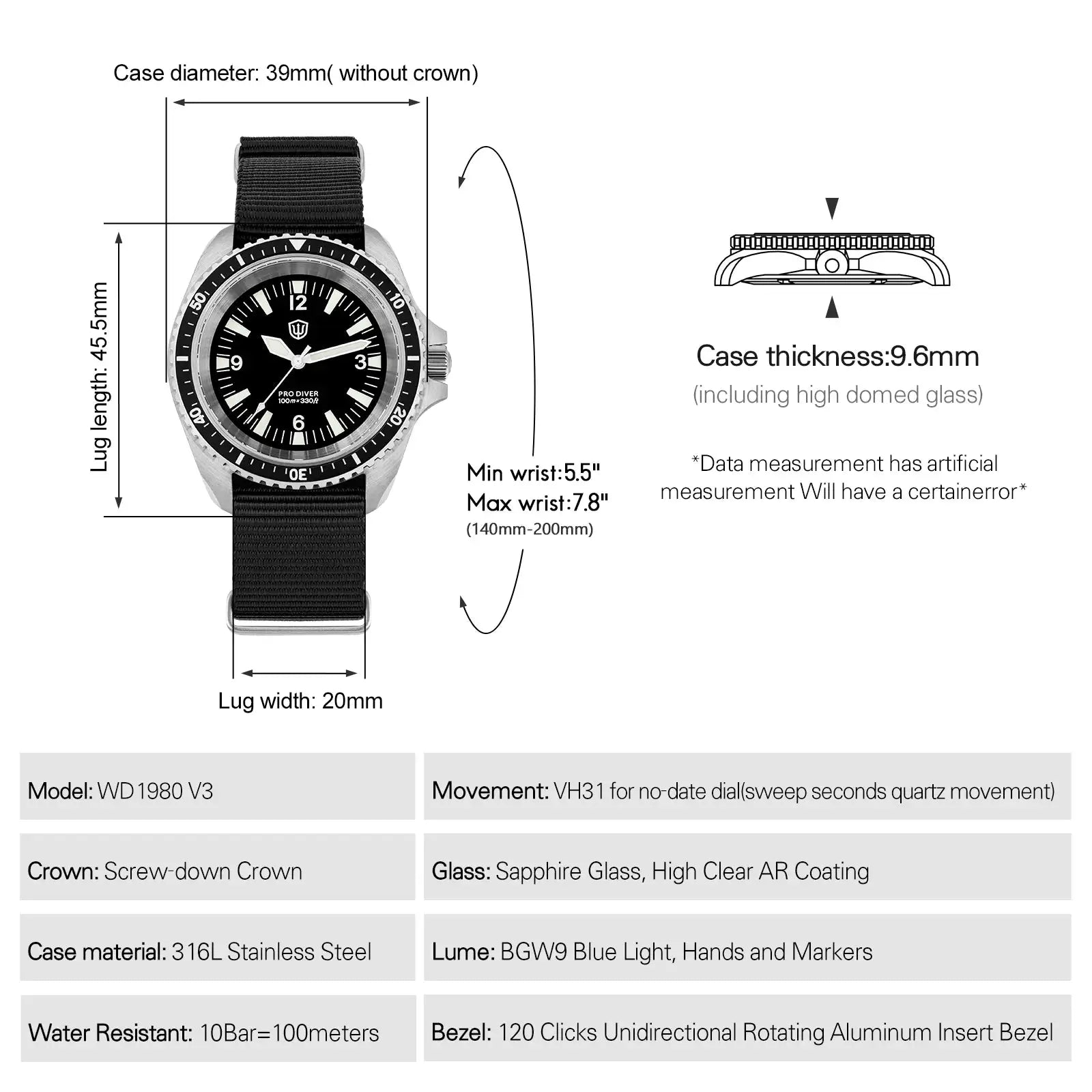 Watch WD1980 V3 luxury dive watch with black dial, stainless steel case and black nylon strap