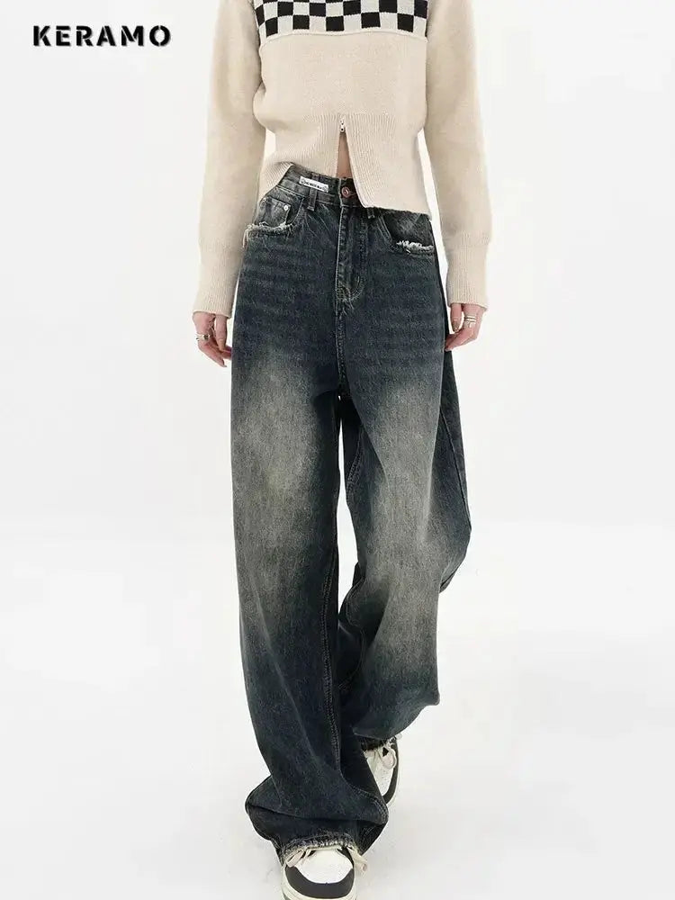 Harajuku Streetwear High Waist Jeans Loose Wide Leg Denim Trousers