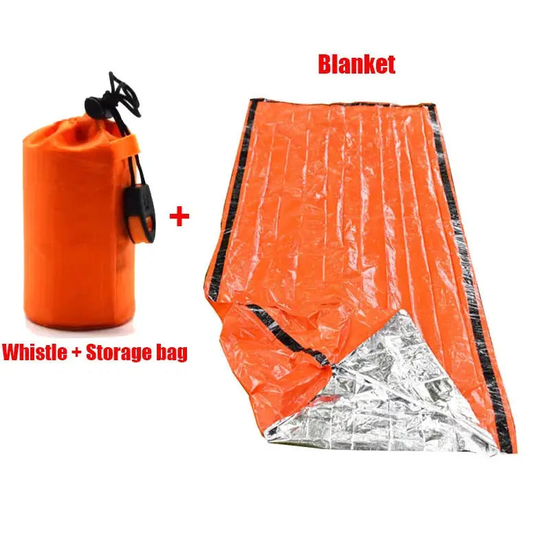 Two-piece portable orange waterproof emergency sleeping bag set with Mylar blanket and whistle with storage bag