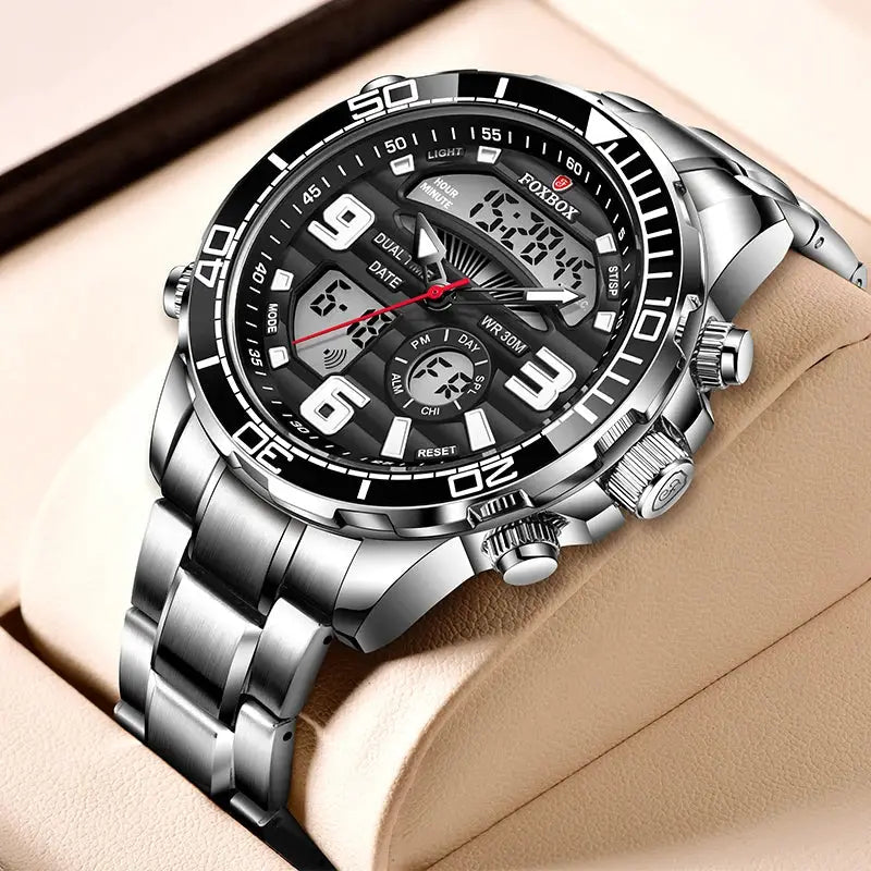 FOXBOX men's stainless steel military sport watch with black dial, digital-analog display and bold bezel