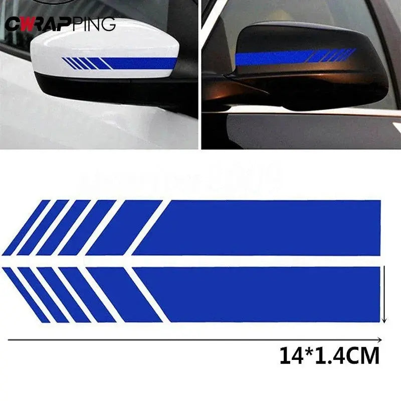 Car rearview mirror stripe sticker in blue reflective vinyl, 14×1.4 cm exterior car accessory