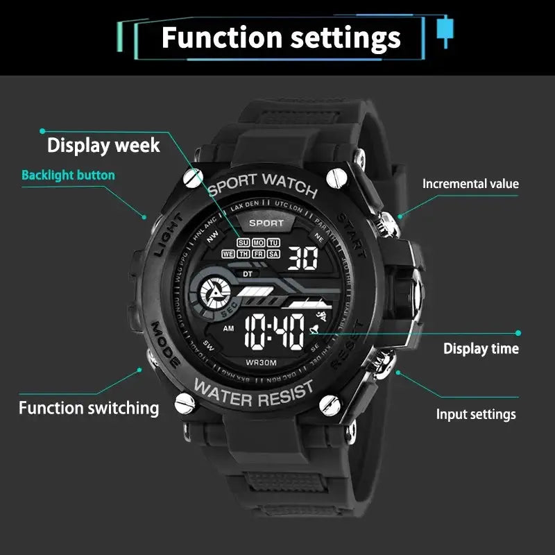 YIKAZE Mens Sports Watch Waterproof Digital LED Military Style Wristwatch With Alarm Clock