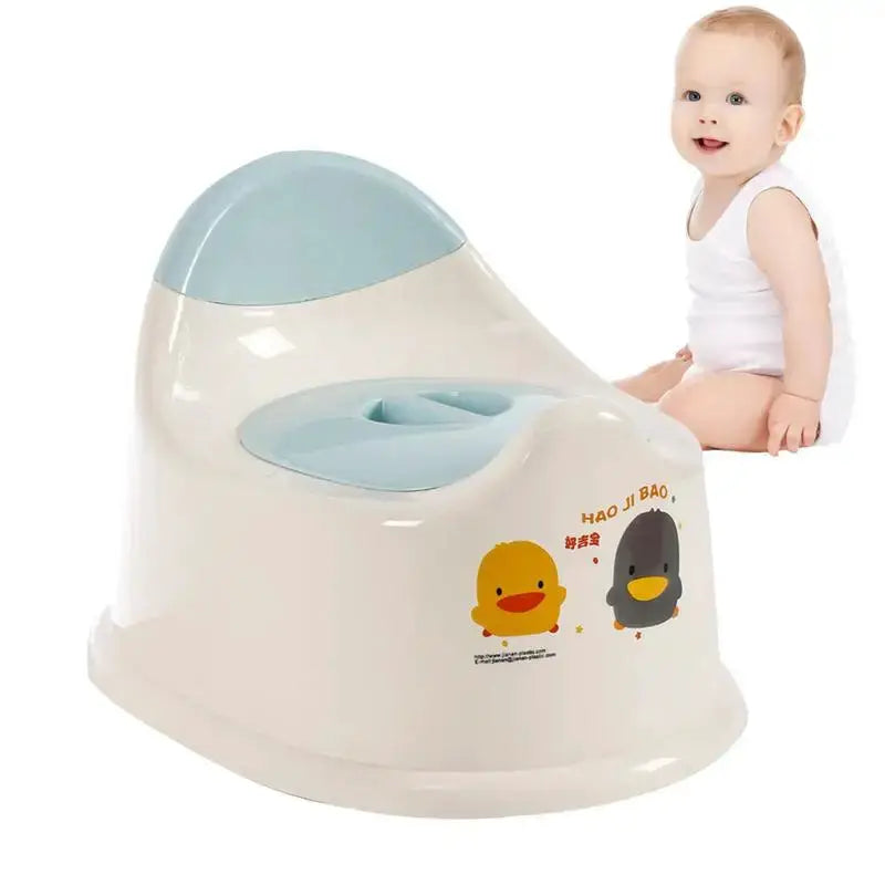 Toddler potty toilet seat with light blue lid and cream body, duck decals, lightweight and spill-proof.
