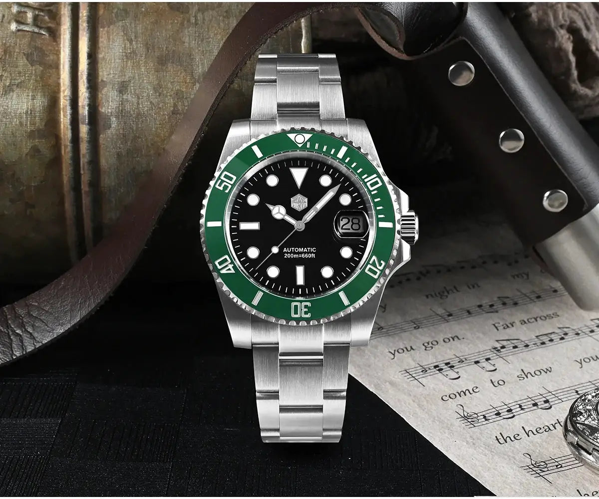 San Martin 40mm Water Ghost diver watch with green bezel, stainless steel bracelet, automatic, 200m