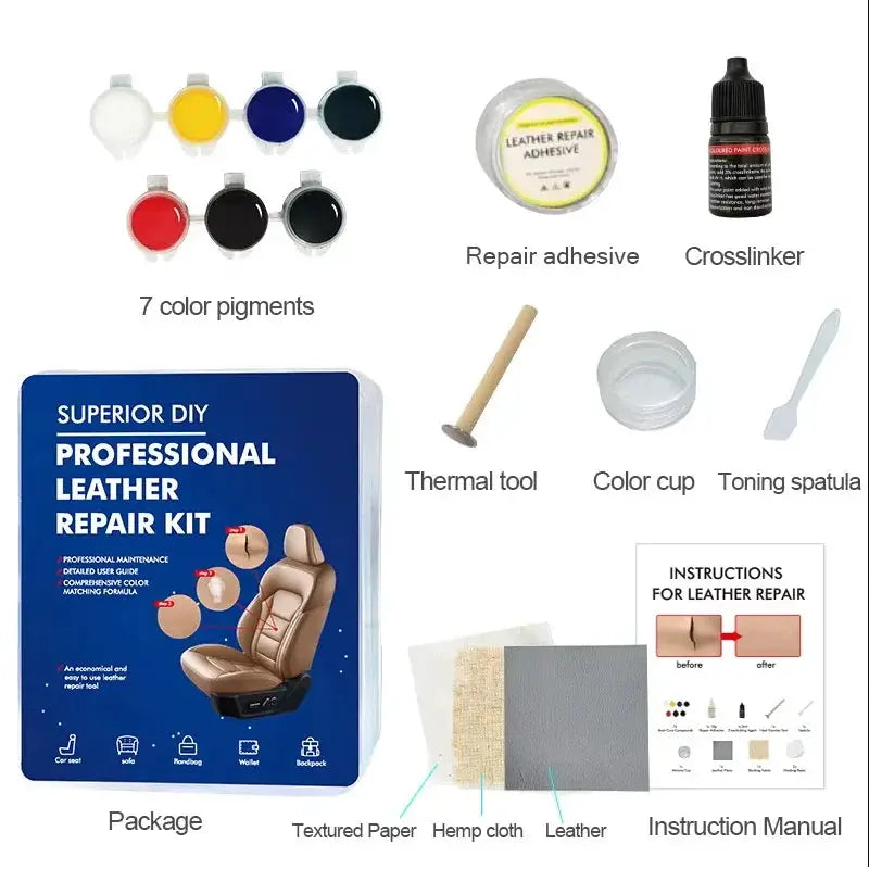 Simples Market Professional Leather Repair Kit with 7 color pigments, repair adhesive, crosslinker, and tools