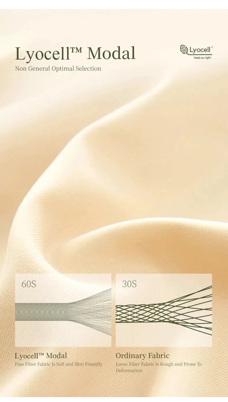 Lyocell Modal fabric advertisement; beige silky fabric with 60S and 30S fiber diagrams.