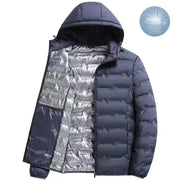 Men's navy blue duck-down jacket with hood; quilted exterior and silver-toned inner lining