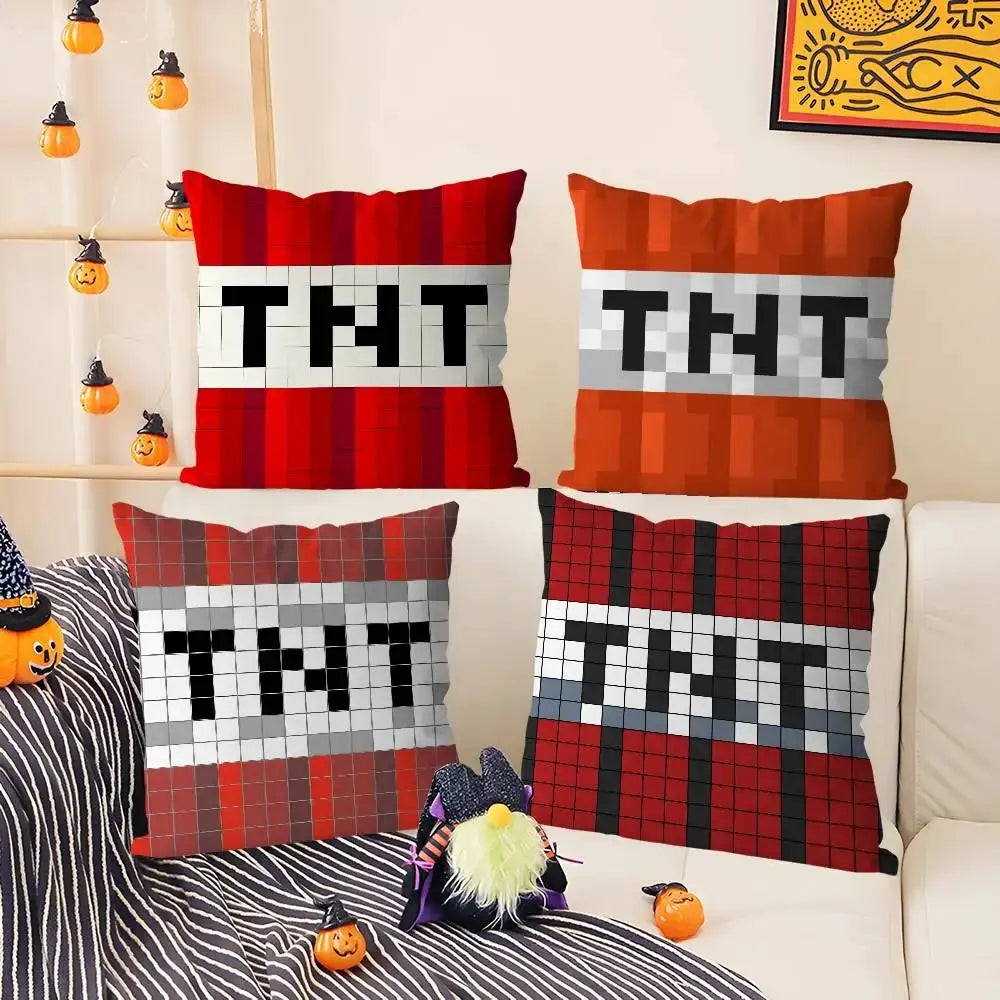 TNT block explosion pillow covers, set of 4 plush pixel-art cushions in red and orange by Simples Market with double-sided printing