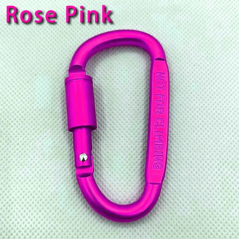Rose pink aluminium alloy carabiner keychain with locking D-shape; not for climbing.