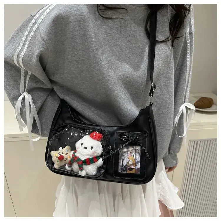 Y2k Harajuku transparent ita bag, black faux leather with clear PVC window showing two plush toys