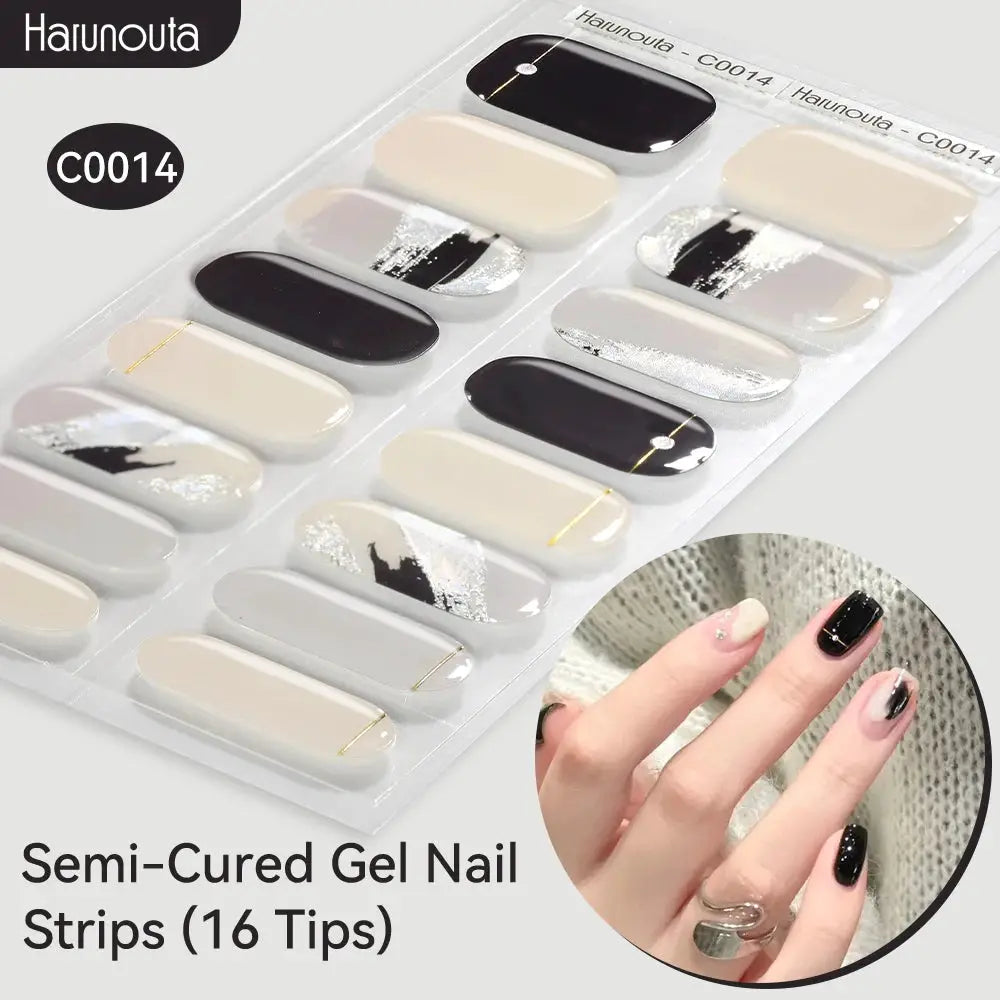 Simples Market Gradient Auroras semi-cured gel nail strips, 16 tips in beige/black with metallic accents; UV/LED compatible