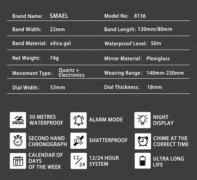 Military men's SMAEL 8136 watch with digital LED display, 50m water resistance, alarm and chronograph