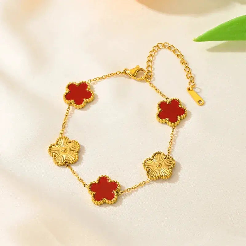 Adjustable Stainless Steel Bracelet Double Sided Five Leaf Clover Petals Gold Plated Women Fashion Jewelry