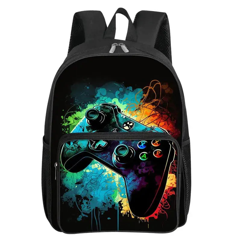 Backpack with square front pocket featuring rainbow GamePad controller graphic; black kids’ school bag